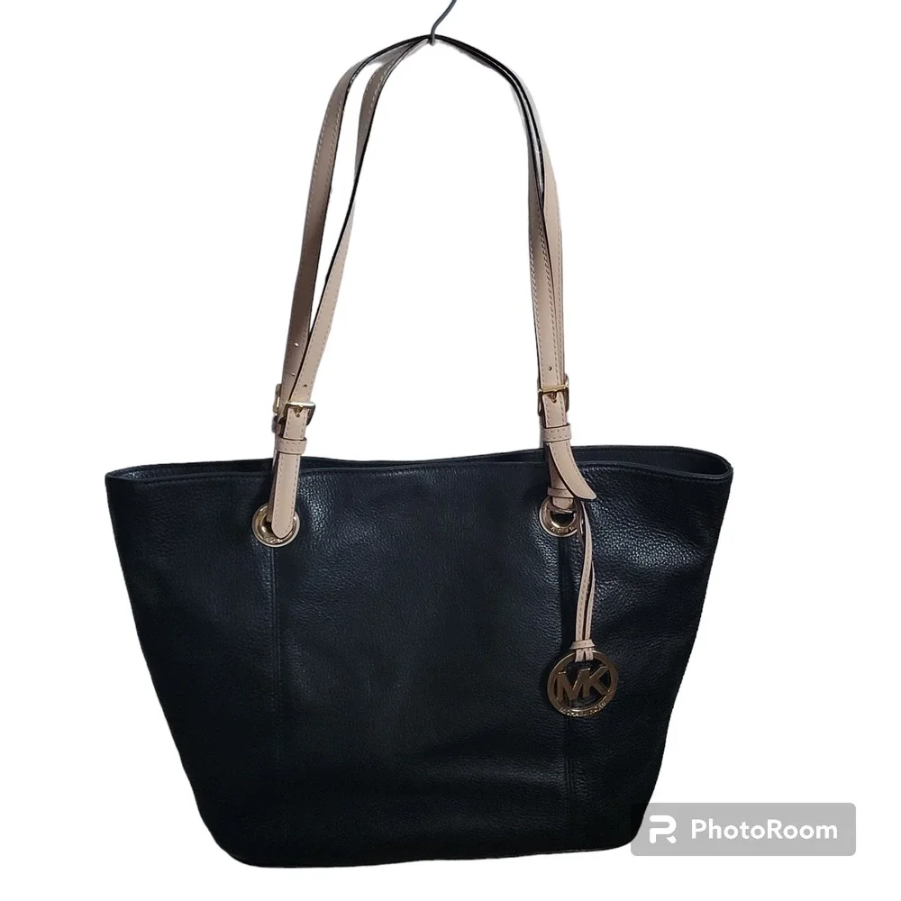 Michael Kors Jet Set Large Black Leather Tote Handbag Beige Straps MK Logo‎ Snap